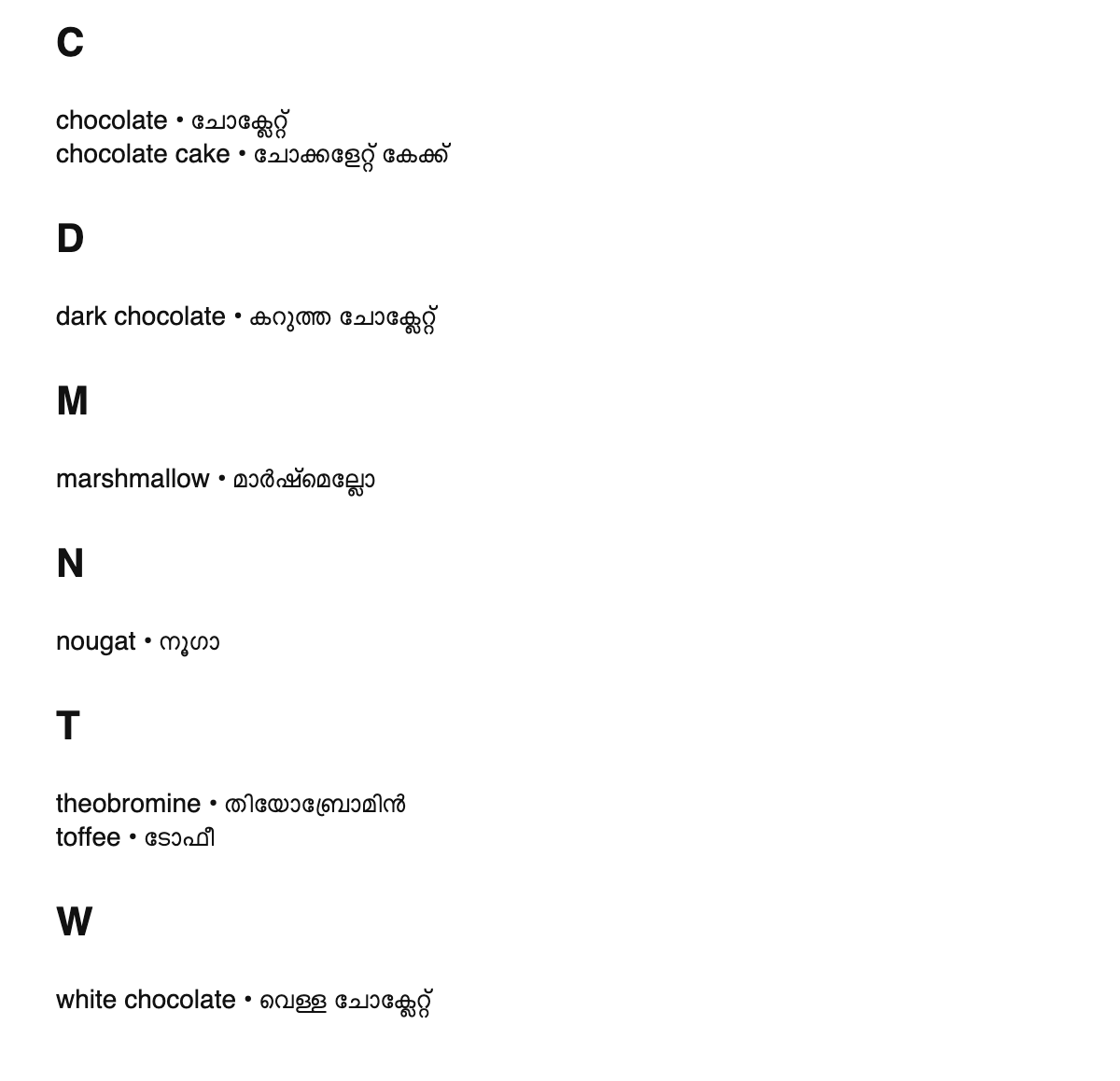 Chocolate terms in Malayalam