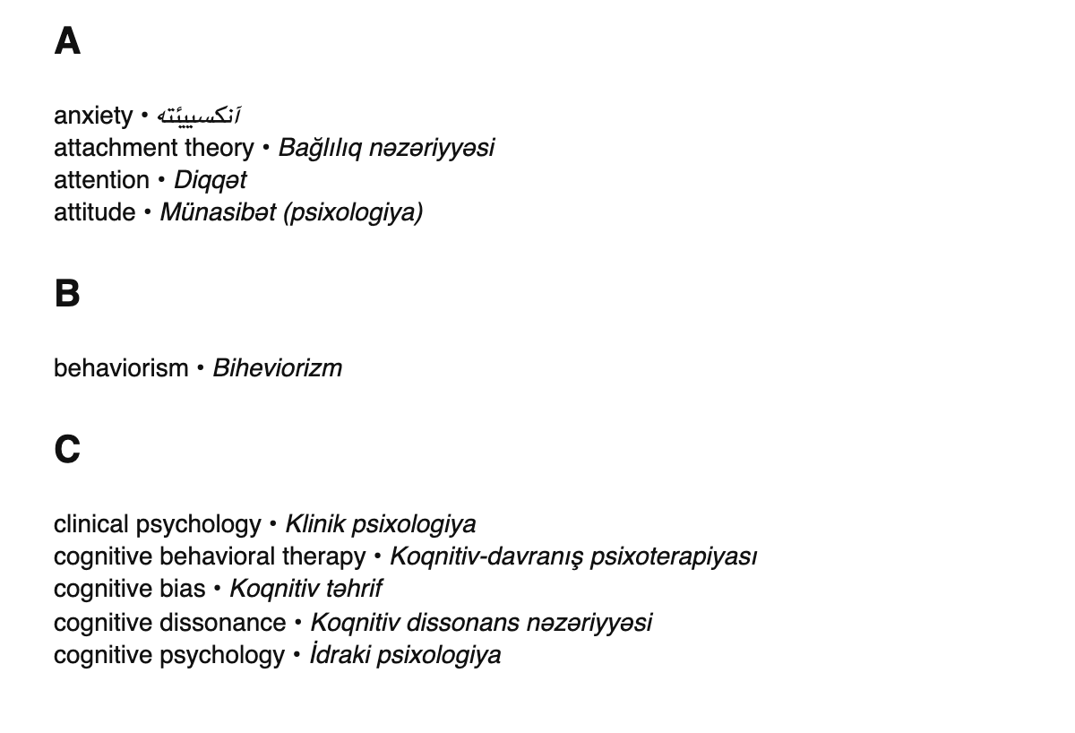 Psychology terms in Azerbaijani