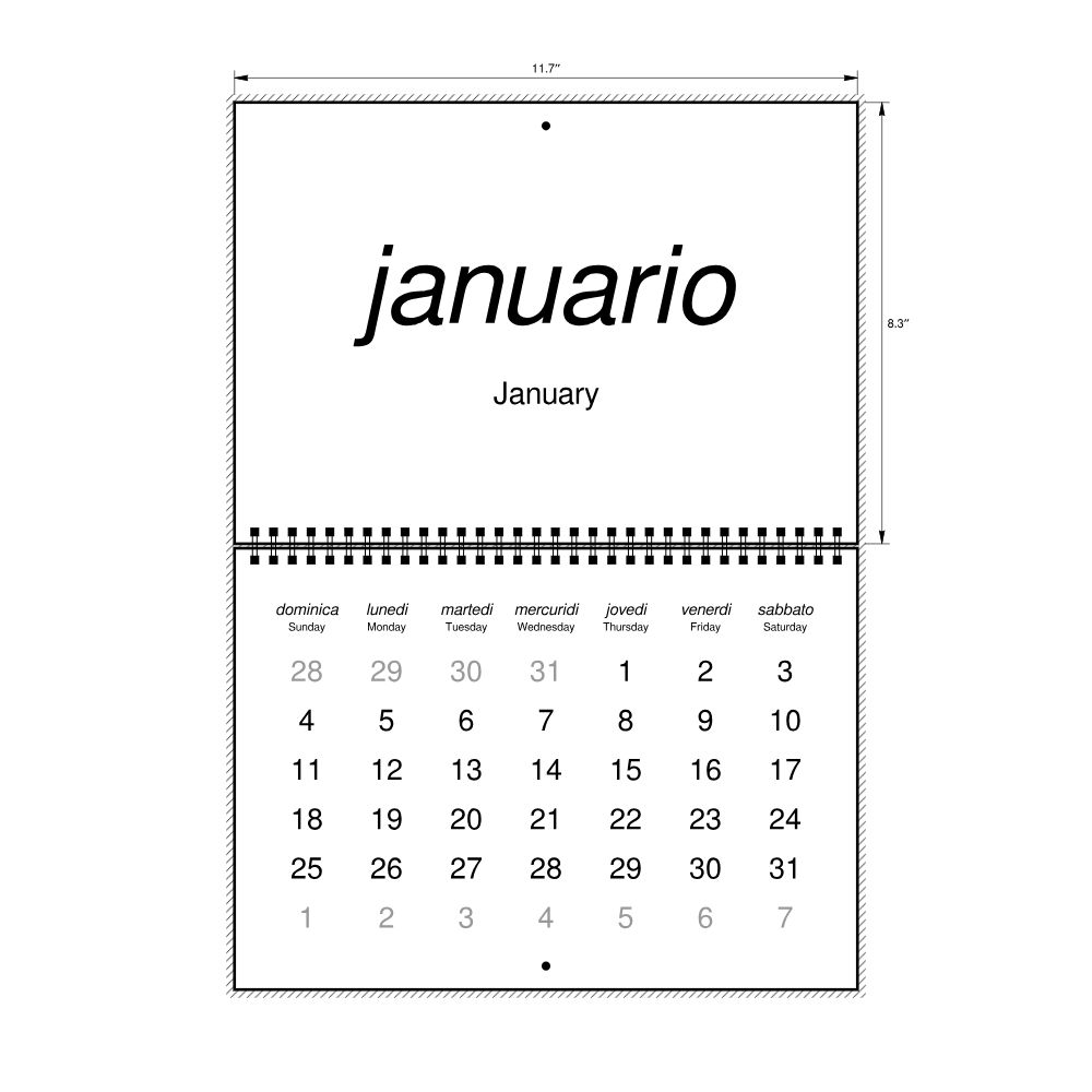 Leskoff 2026 Wall Calendar, Interlingua/English-Labeled, Sunday-Start Layout, Wire-Bound, 11.7 x 8.3 in (29.7 x 21.0 cm), image 2 of 2