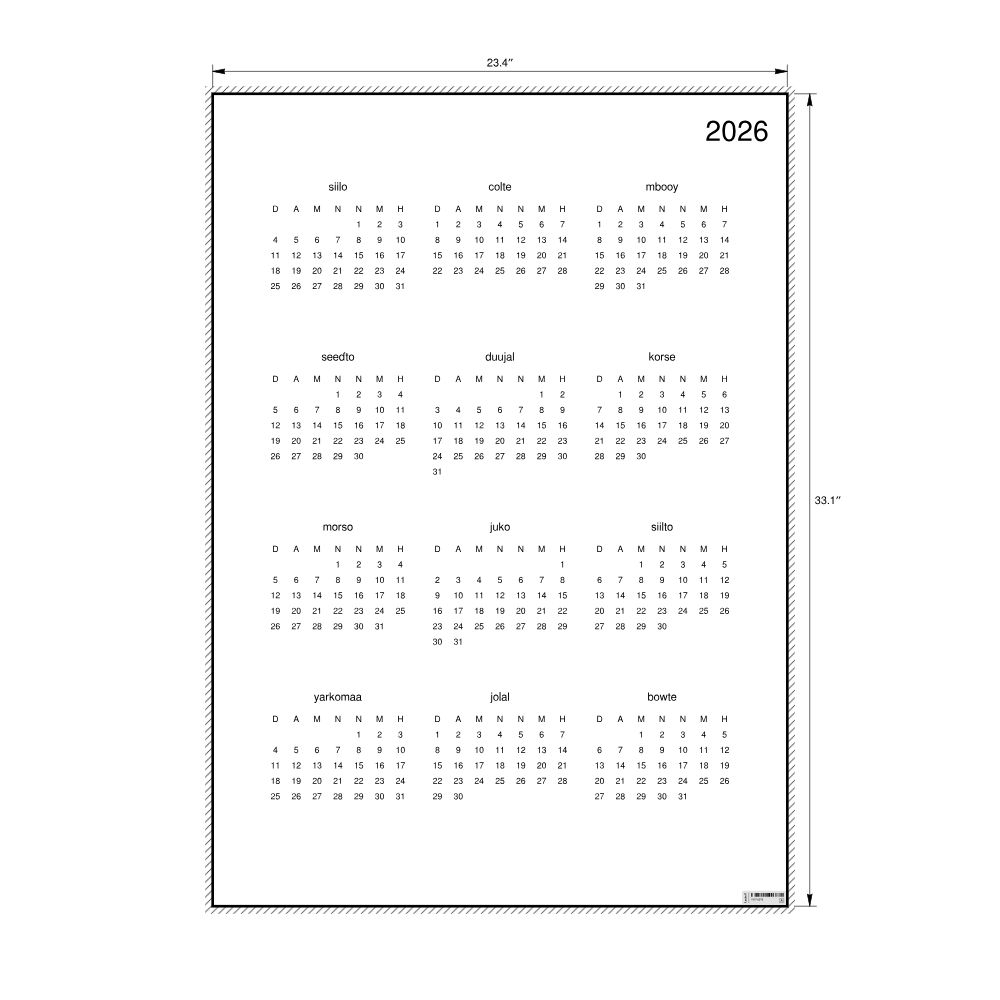 Leskoff 2026 Wall Calendar, Fula-Labeled, Sunday-Start Layout, Poster / Wall Print, 23.4 x 33.1 in (59.4 x 84.1 cm), image 2 of 2