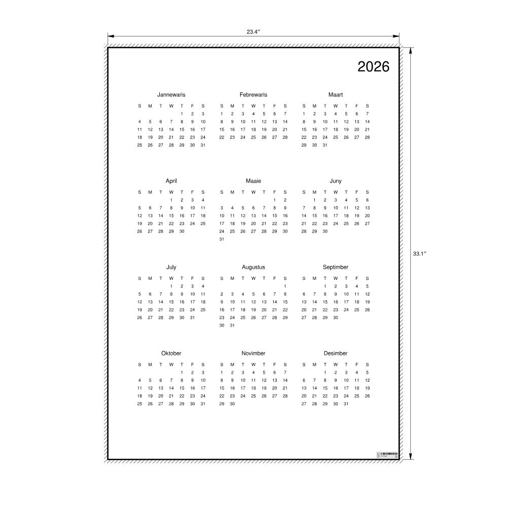 Leskoff 2026 Wall Calendar, West Frisian-Labeled, Sunday-Start Layout, Poster / Wall Print, 23.4 x 33.1 in (59.4 x 84.1 cm), image 2 of 2
