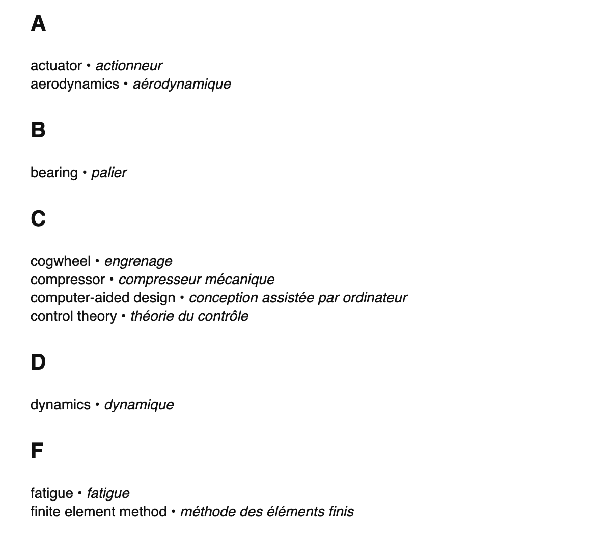 Mechanical engineering terms in French