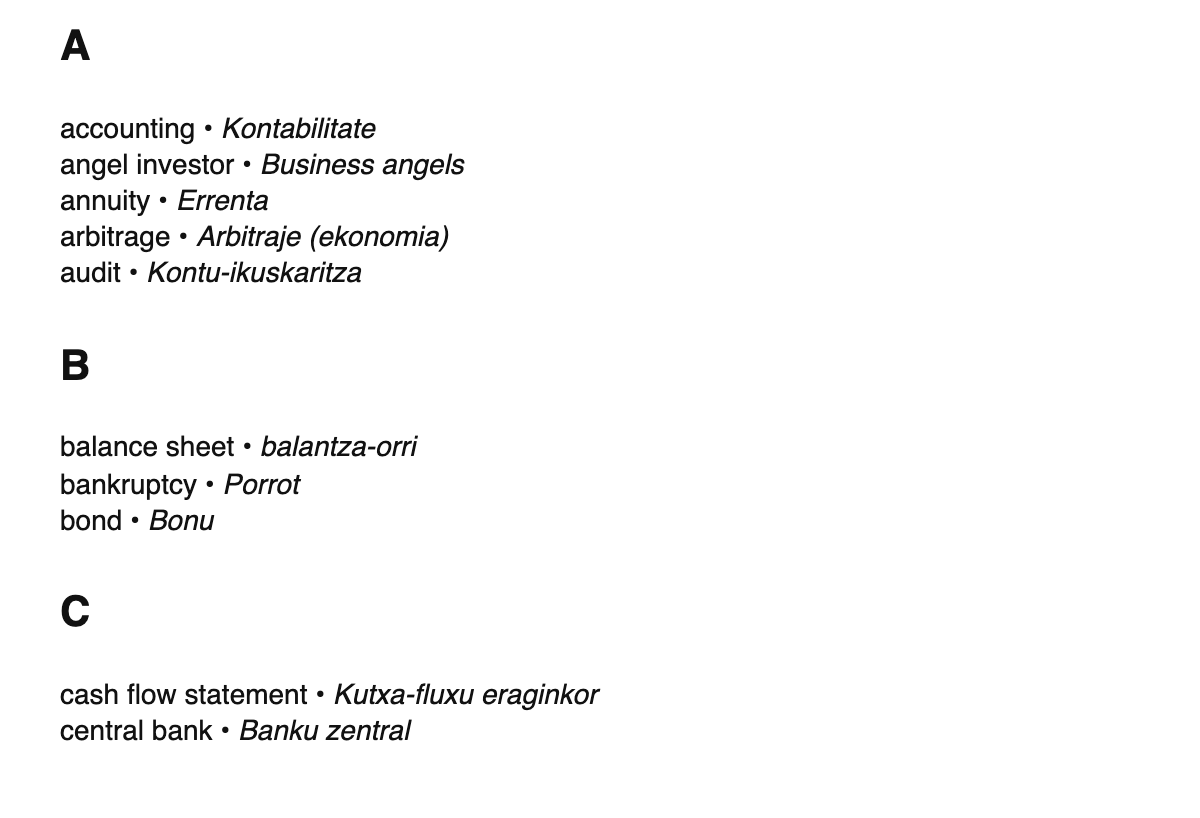 Finance terms in Basque