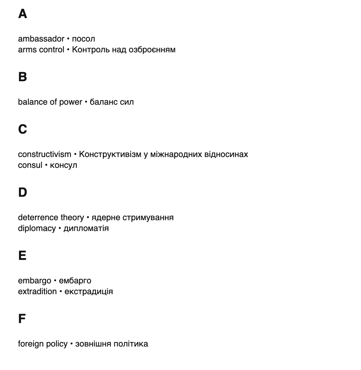 International relations terms in Ukrainian