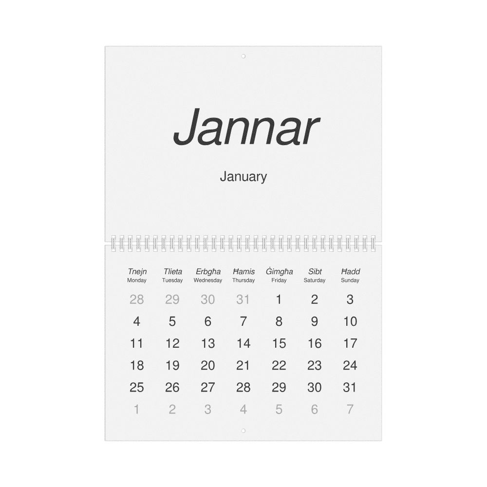 Leskoff 2027 Wall Calendar, Maltese/English-Labeled, Monday-Start Layout, Wire-Bound, 11.7 x 8.3 in (29.7 x 21.0 cm), image 1 of 1