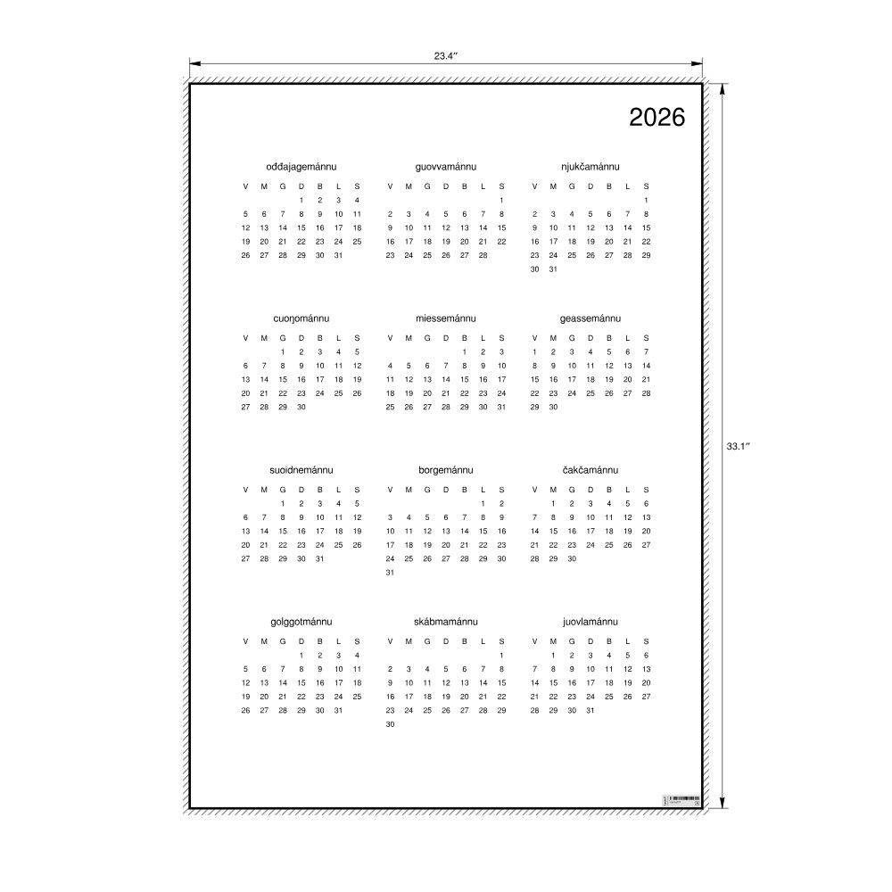 Leskoff 2026 Wall Calendar, Northern Sámi-Labeled, Monday-Start Layout, Poster / Wall Print, 23.4 x 33.1 in (59.4 x 84.1 cm), image 2 of 2