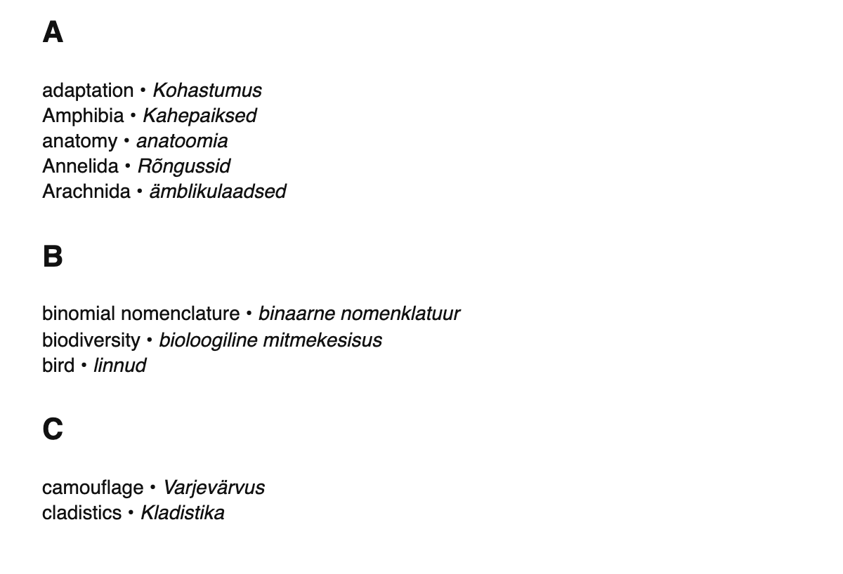 Zoology terms in Estonian