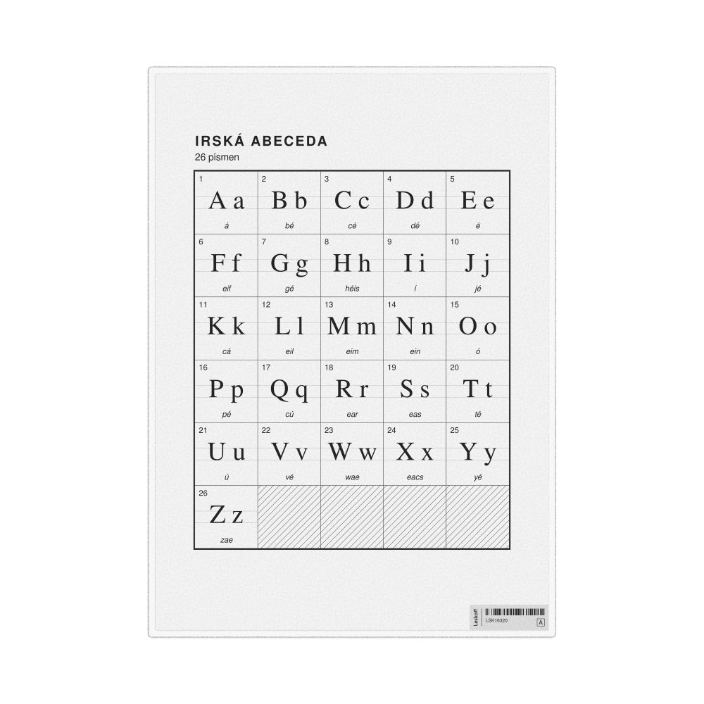 Leskoff Irish Alphabet Chart, 8.3 x 11.7 in (21.0 x 29.7 cm, Desk Chart, Laminated), Czech-Labeled, image 1 of 2