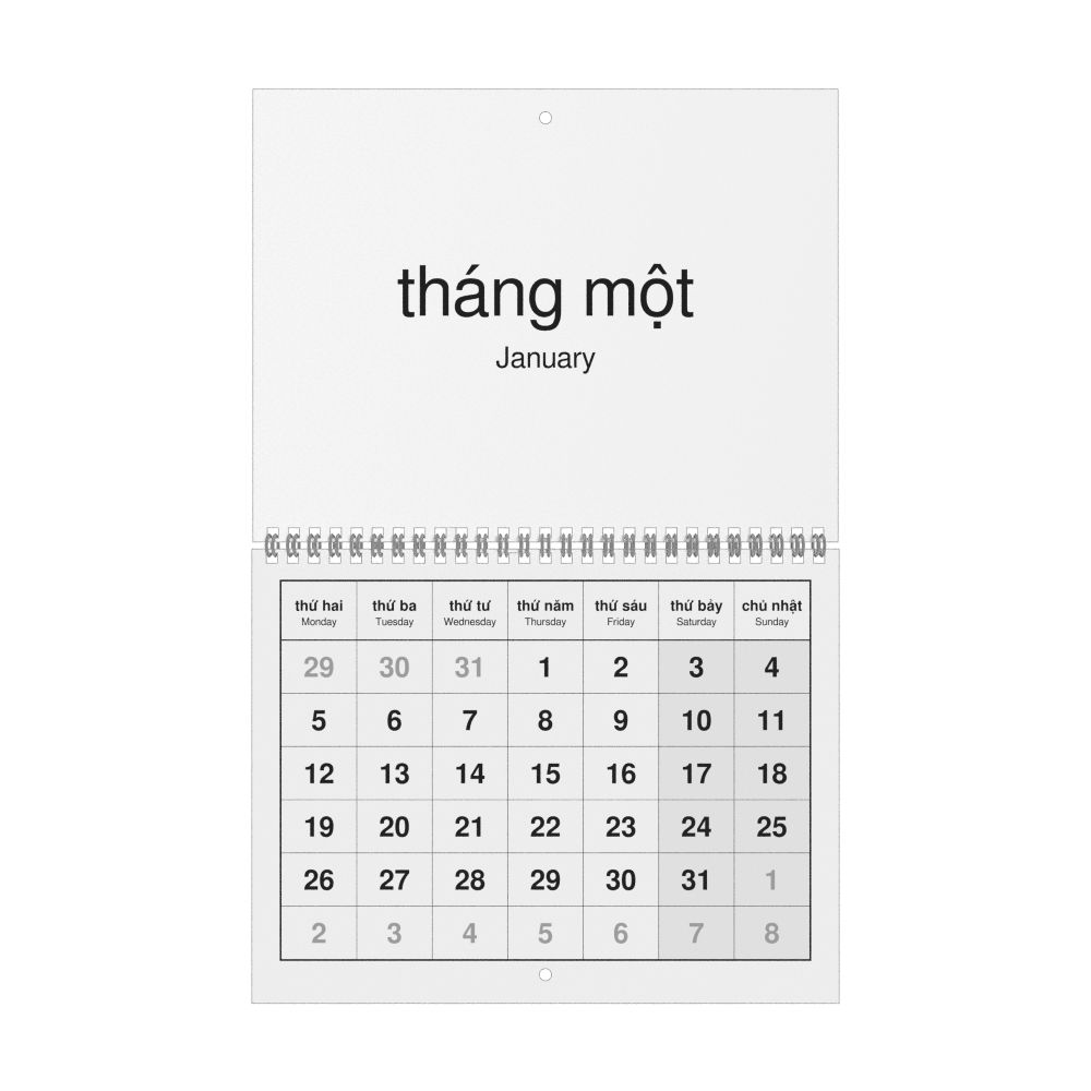 Leskoff 2026 Wall Calendar, Vietnamese/English-Labeled, Monday-Start Layout, Wire-Bound, 11 x 8.5 in (27.9 x 21.6 cm), image 1 of 1