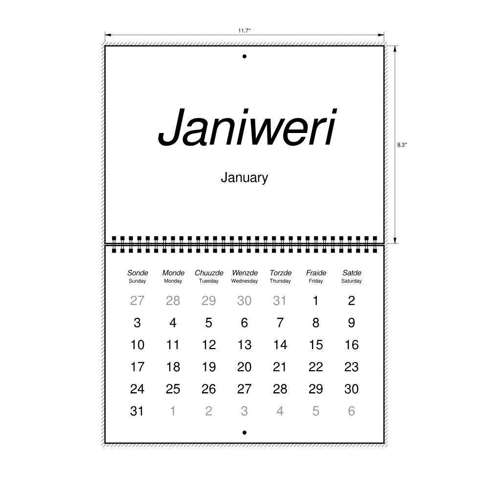 Leskoff 2027 Wall Calendar, Jamaican Patois/English-Labeled, Sunday-Start Layout, Wire-Bound, 11.7 x 8.3 in (29.7 x 21.0 cm), image 2 of 2