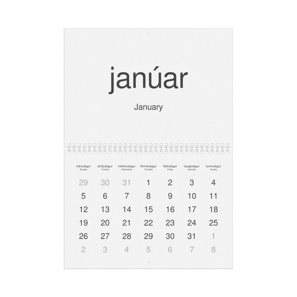 Leskoff 2026 Wall Calendar, Icelandic/English-Labeled, Monday-Start Layout, Wire-Bound, 11.7 x 8.3 in (29.7 x 21.0 cm), image 1 of 1