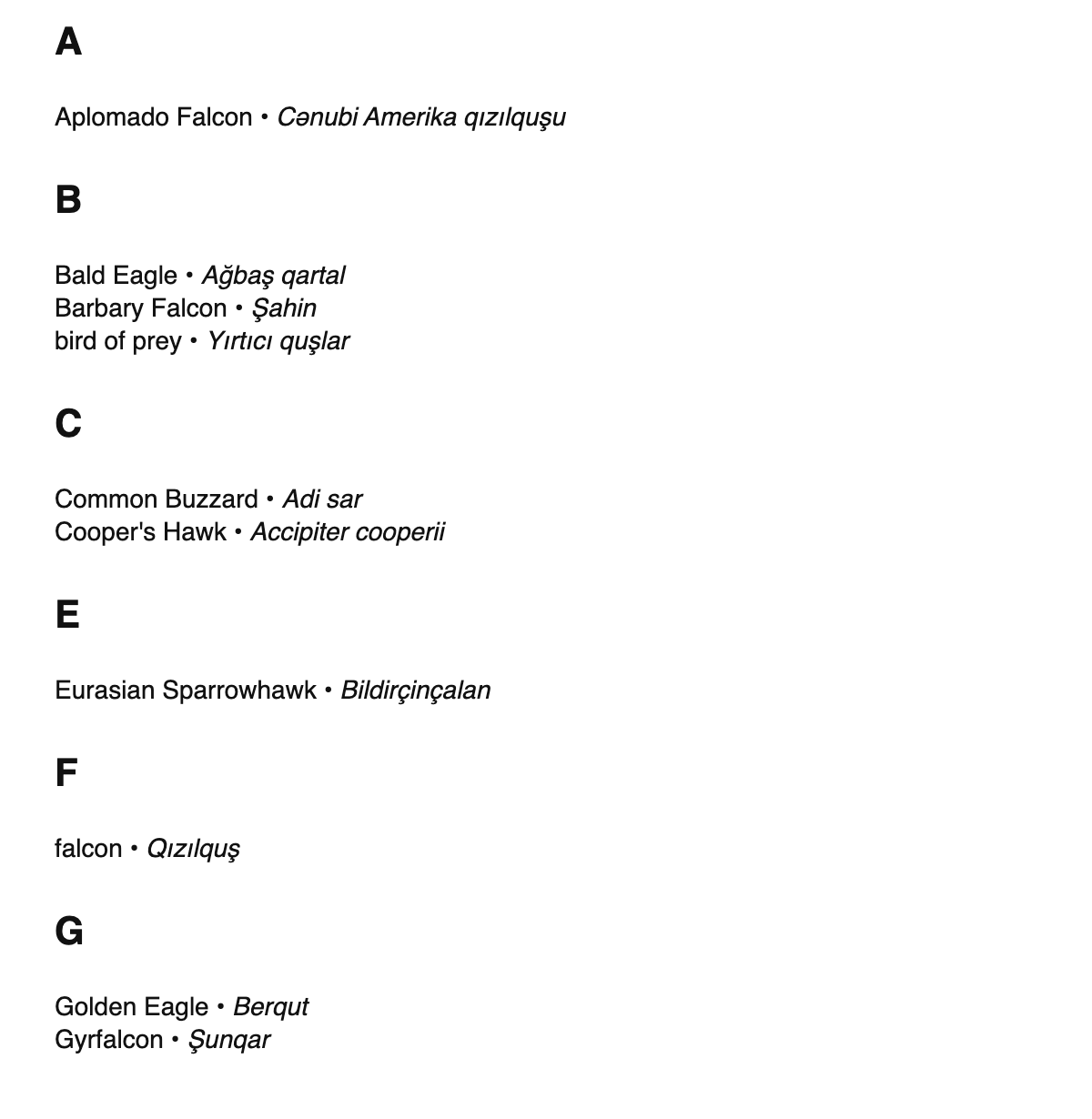 Falconry terms in Azerbaijani