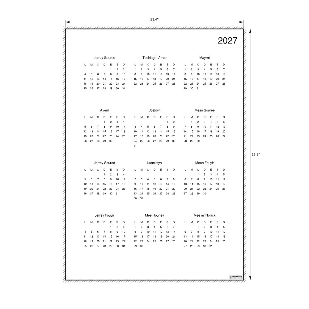 Leskoff 2027 Wall Calendar, Manx-Labeled, Monday-Start Layout, Poster / Wall Print, 23.4 x 33.1 in (59.4 x 84.1 cm), image 2 of 2