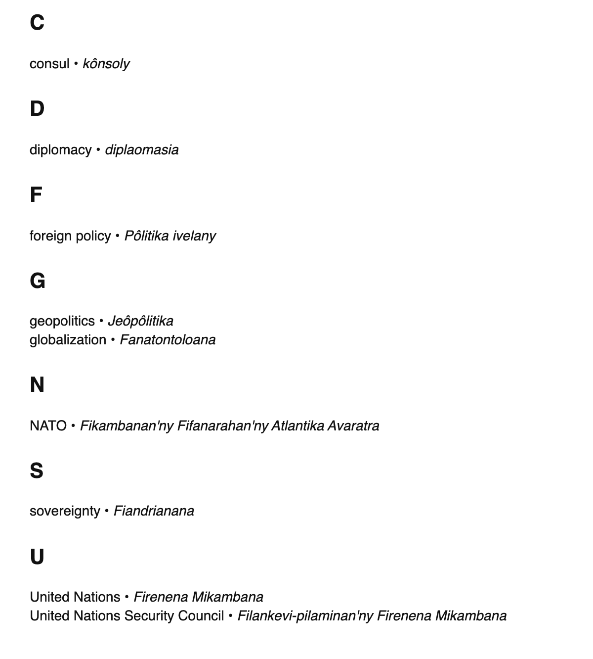 International relations terms in Malagasy