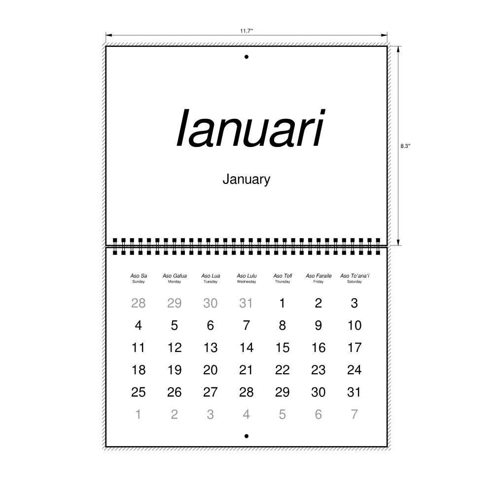 Leskoff 2026 Wall Calendar, Samoan/English-Labeled, Sunday-Start Layout, Wire-Bound, 11.7 x 8.3 in (29.7 x 21.0 cm), image 2 of 2