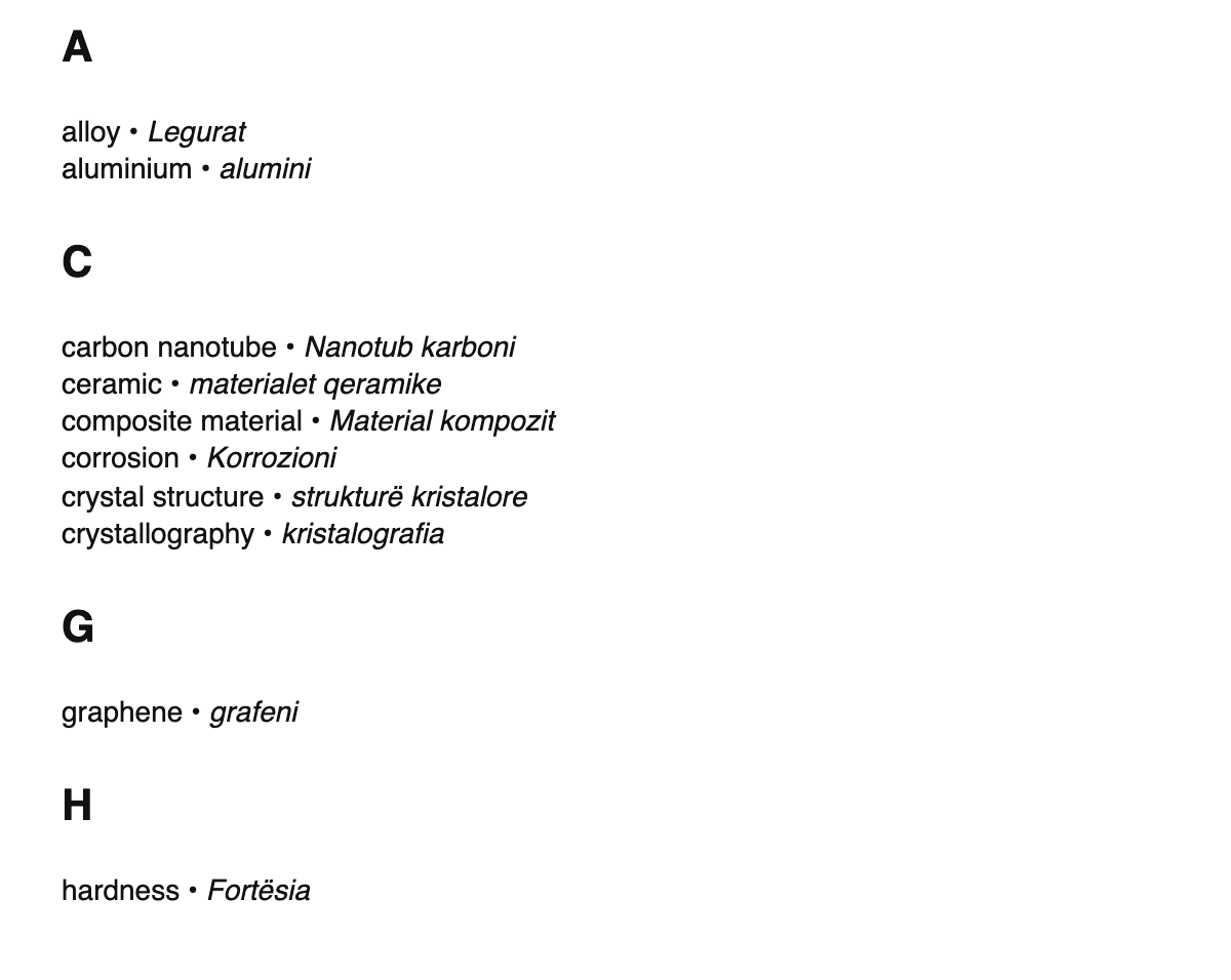 Materials science terms in Albanian