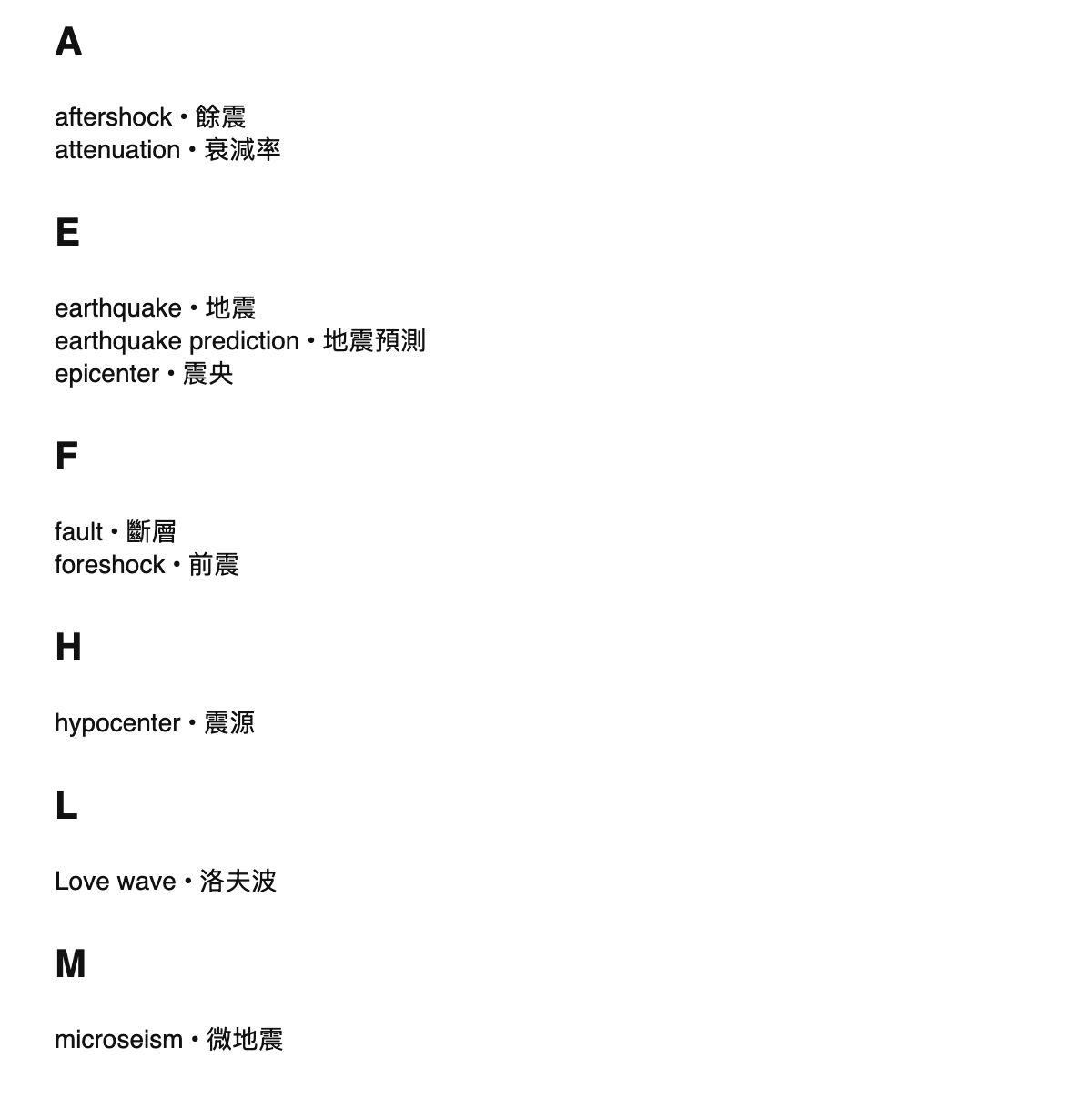Seismology terms in Chinese