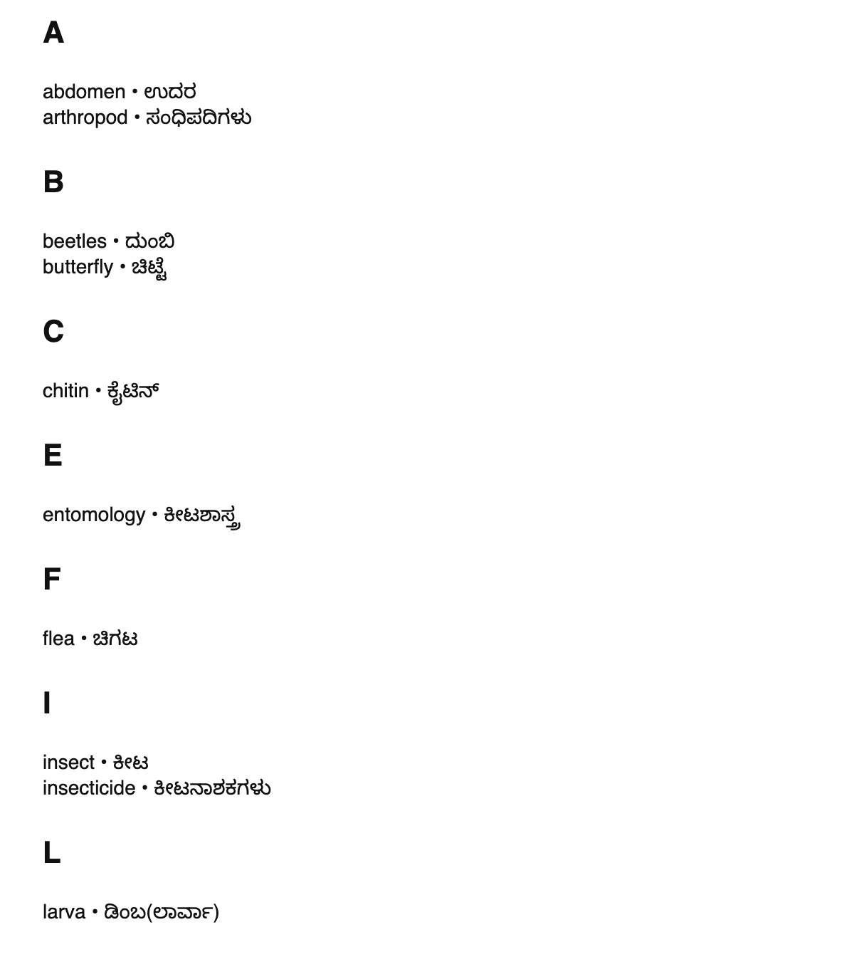 Entomology terms in Kannada