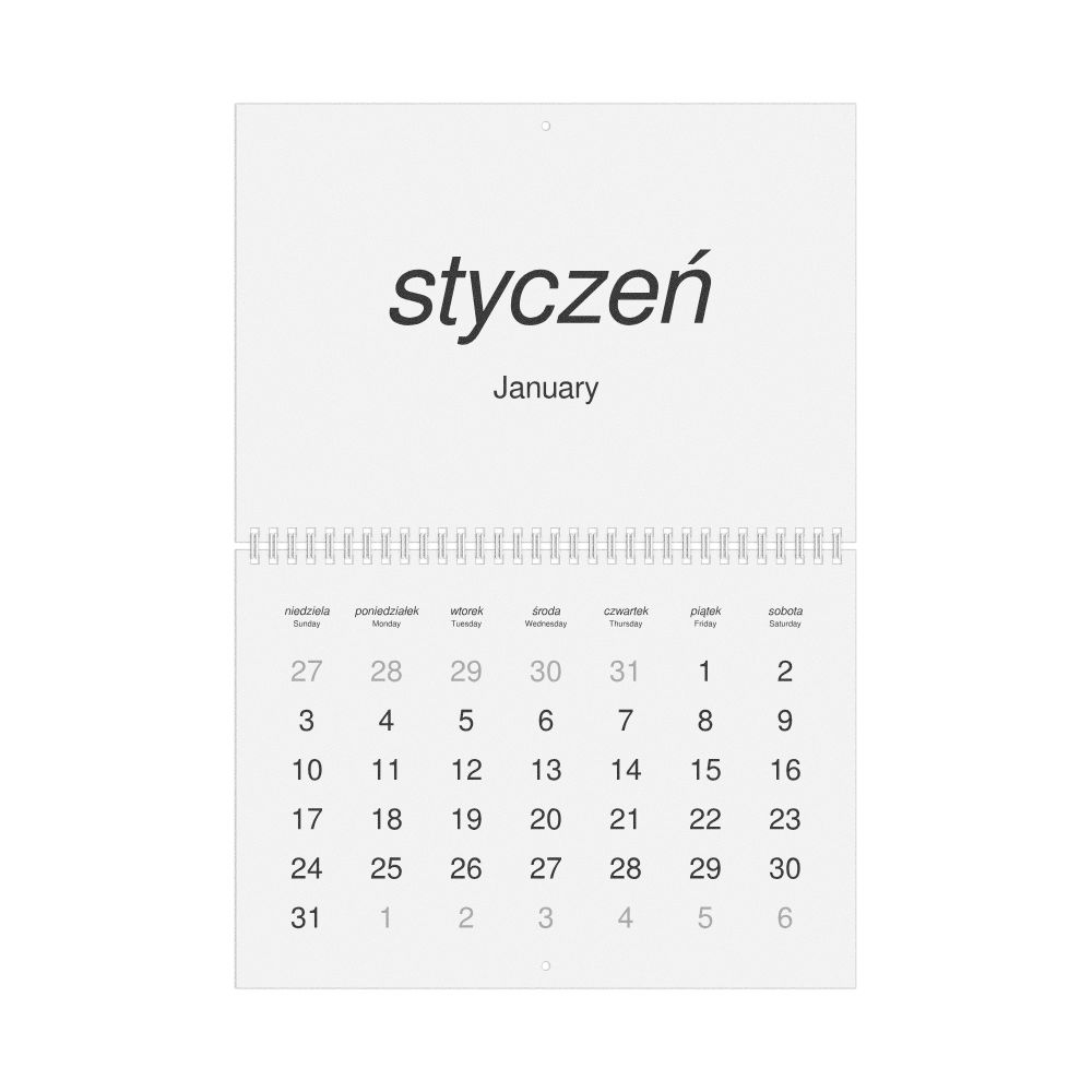 Leskoff 2027 Wall Calendar, Polish/English-Labeled, Sunday-Start Layout, Wire-Bound, 11.7 x 8.3 in (29.7 x 21.0 cm), image 1 of 1