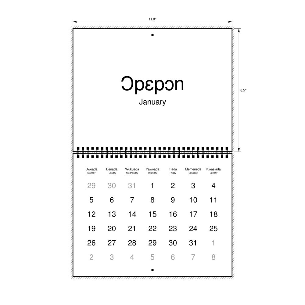 Leskoff 2026 Wall Calendar, Akan/English-Labeled, Monday-Start Layout, Wire-Bound, 11 x 8.5 in (27.9 x 21.6 cm), image 1 of 1