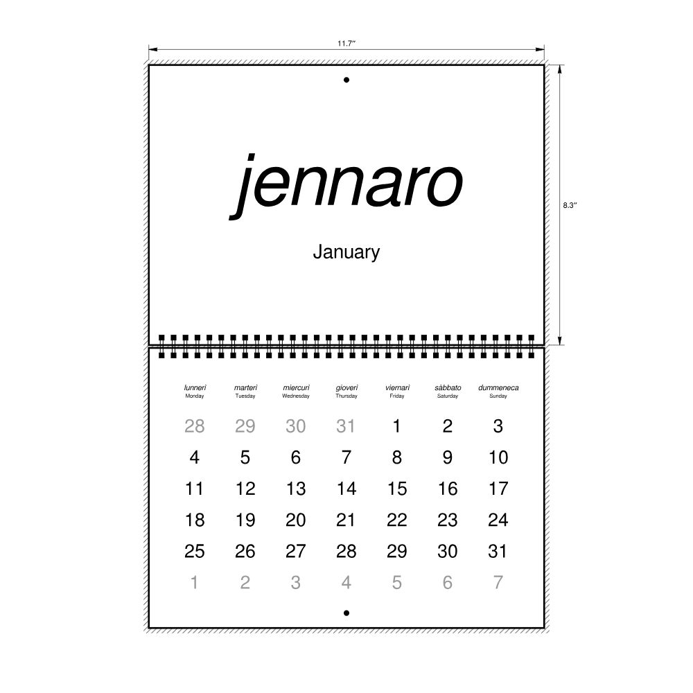 Leskoff 2027 Wall Calendar, Neapolitan/English-Labeled, Monday-Start Layout, Wire-Bound, 11.7 x 8.3 in (29.7 x 21.0 cm), image 2 of 2