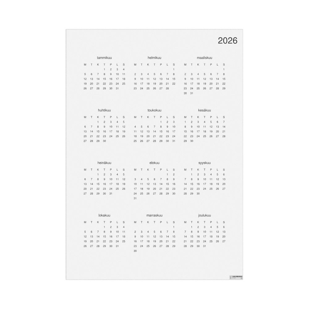 Leskoff 2026 Wall Calendar, Finnish-Labeled, Monday-Start Layout, Poster / Wall Print, 23.4 x 33.1 in (59.4 x 84.1 cm), image 1 of 1