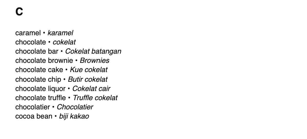 Chocolate terms in Indonesian