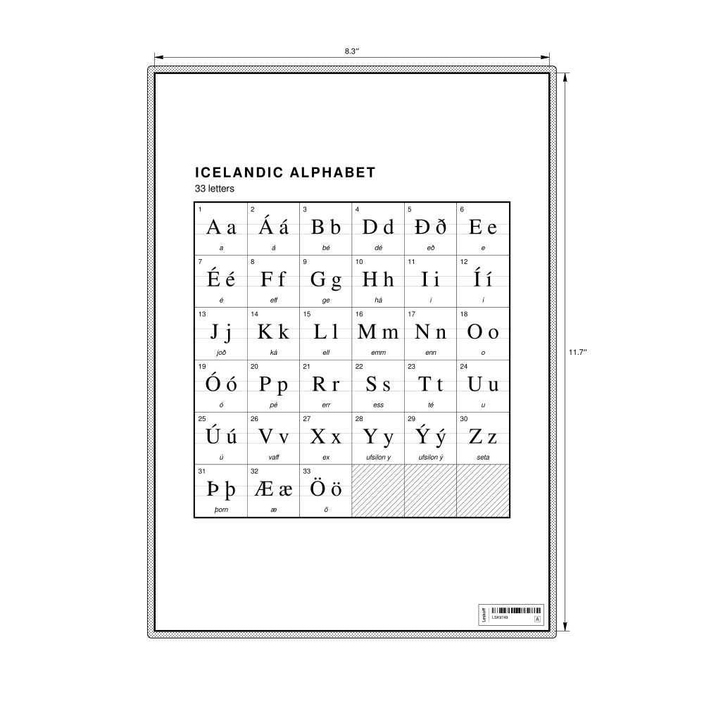 Leskoff Icelandic Alphabet Chart, 8.3 x 11.7 in (21.0 x 29.7 cm, Desk Chart, Laminated), image 1 of 2