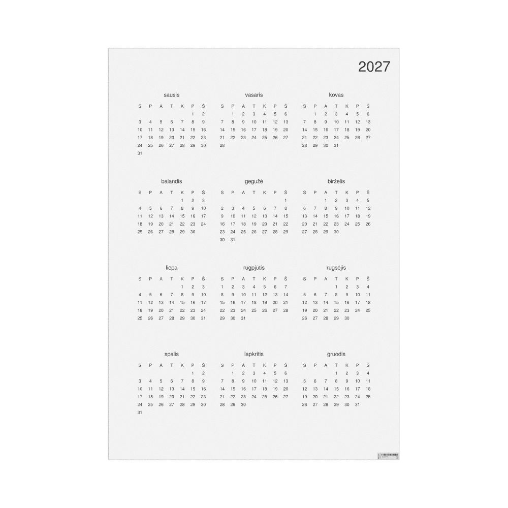 Leskoff 2027 Wall Calendar, Lithuanian-Labeled, Sunday-Start Layout, Poster / Wall Print, 23.4 x 33.1 in (59.4 x 84.1 cm), image 1 of 1