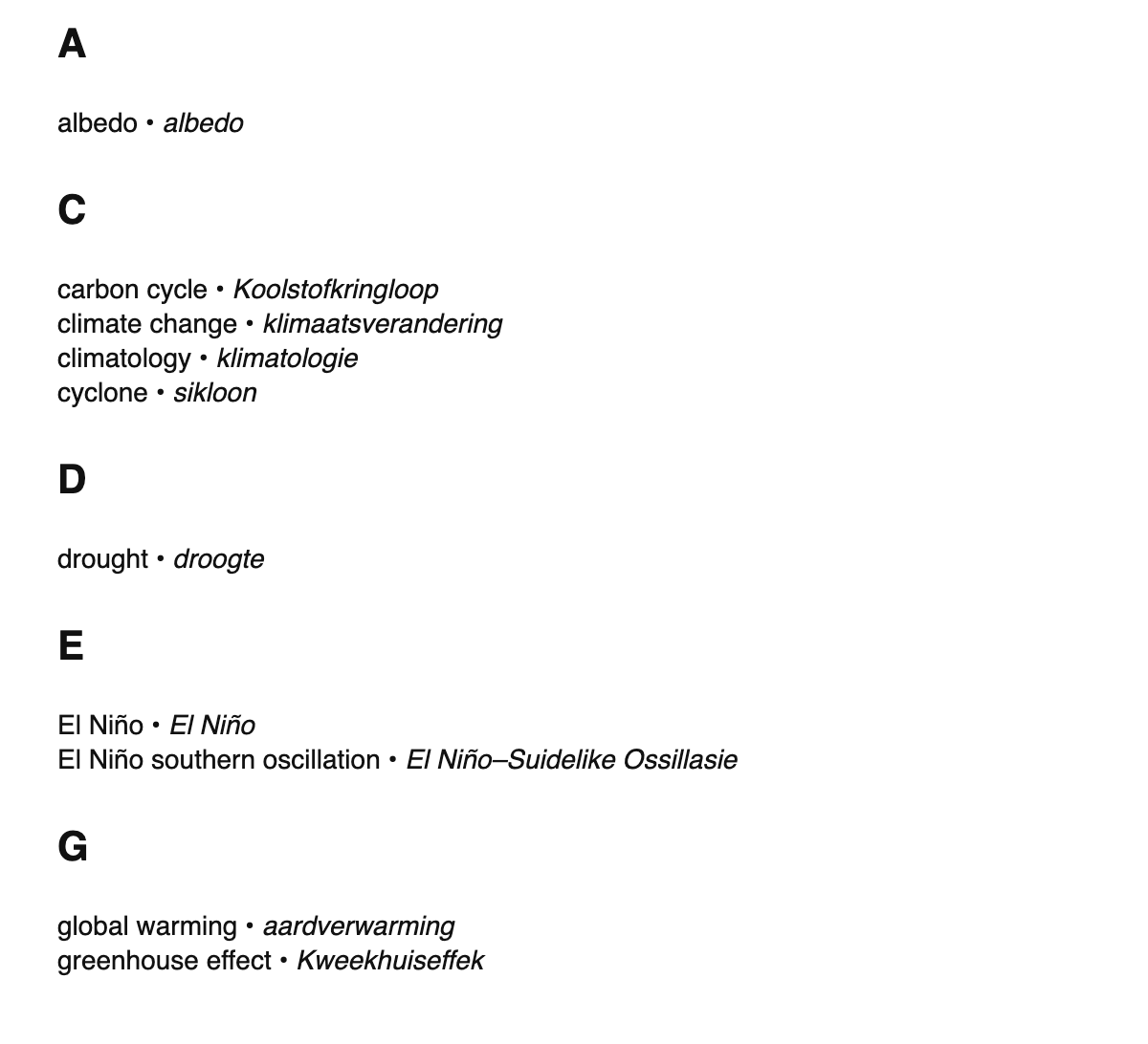 Climatology terms in Afrikaans