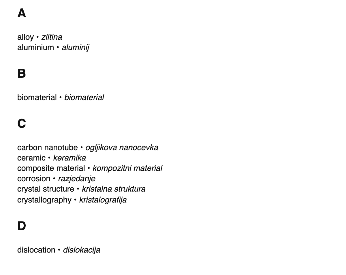 Materials science terms in Slovene