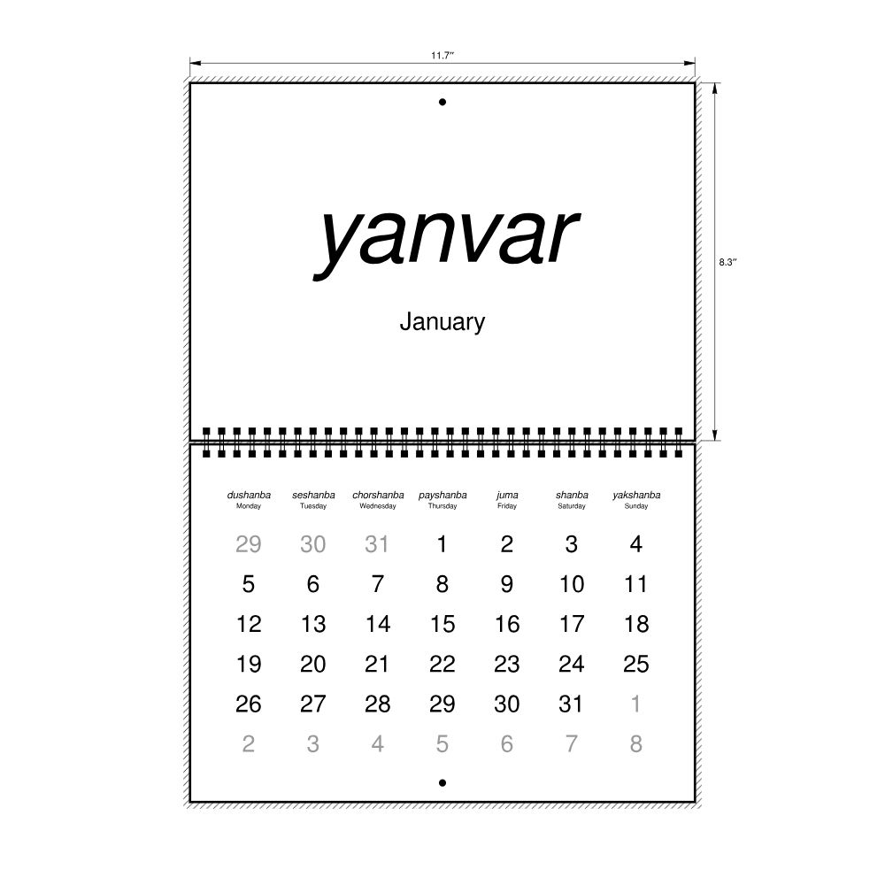 Leskoff 2026 Wall Calendar, Uzbek (Latin)/English-Labeled, Monday-Start Layout, Wire-Bound, 11.7 x 8.3 in (29.7 x 21.0 cm), image 2 of 2