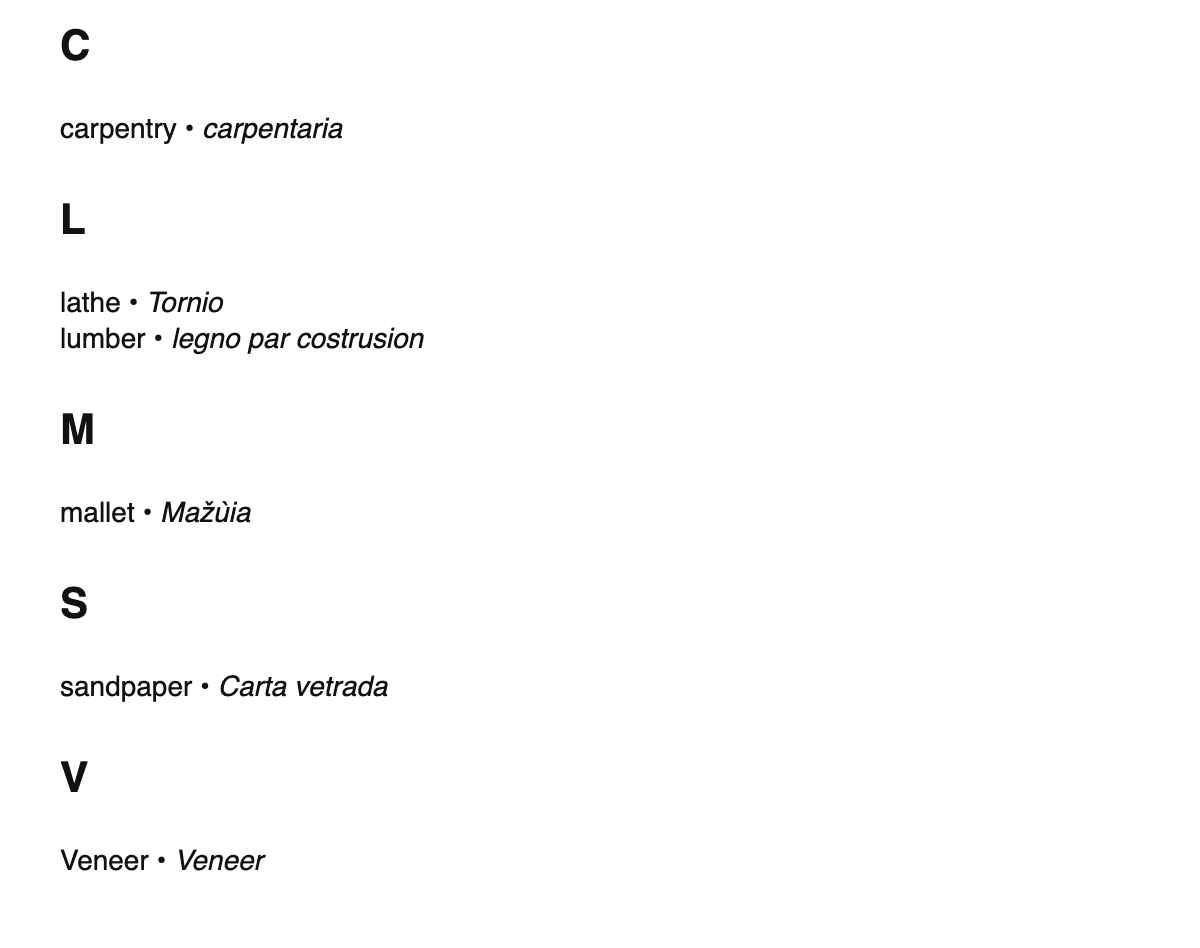 Woodworking terms in Venetian