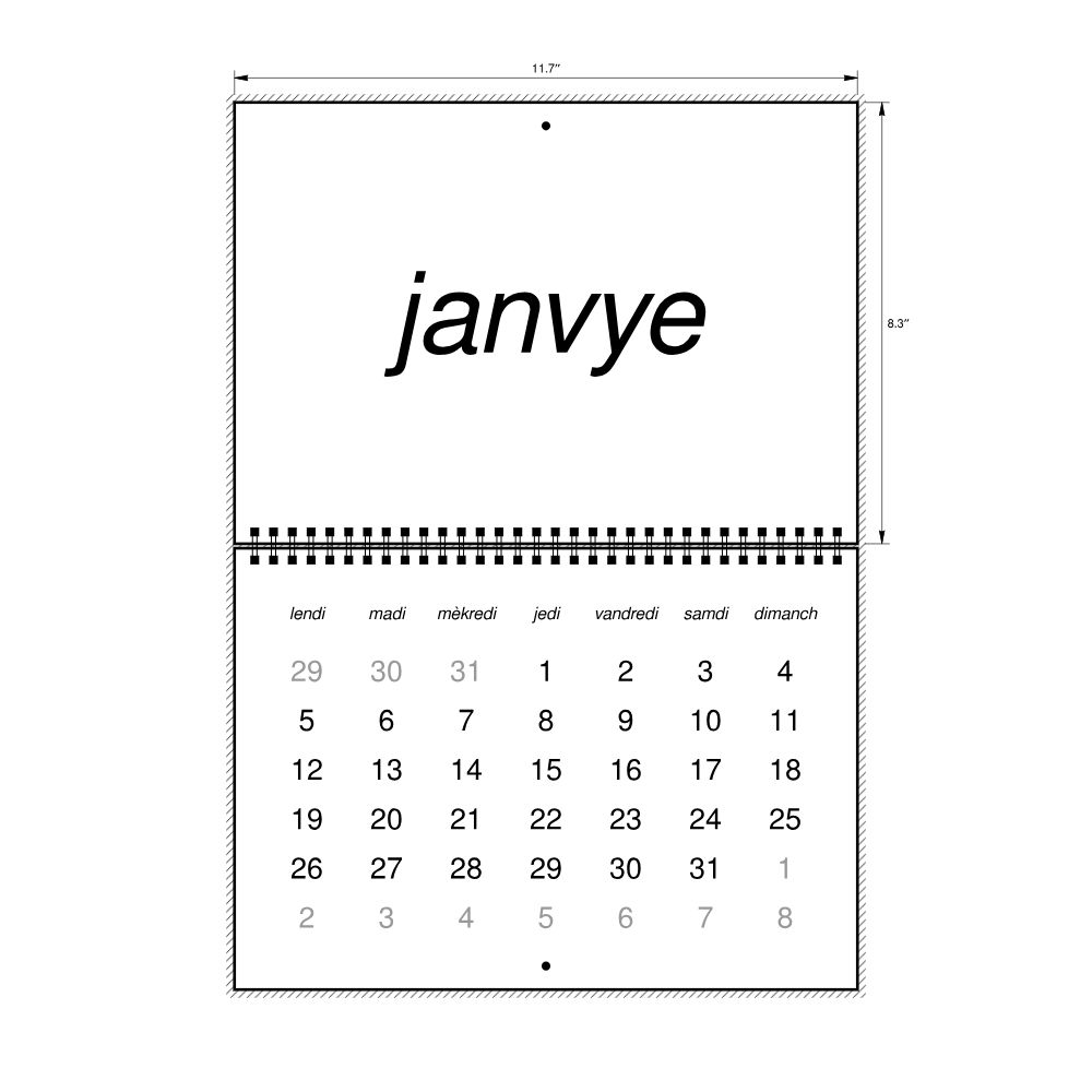 Leskoff 2026 Wall Calendar, Haitian Creole-Labeled, Monday-Start Layout, Wire-Bound, 11.7 x 8.3 in (29.7 x 21.0 cm), image 2 of 2