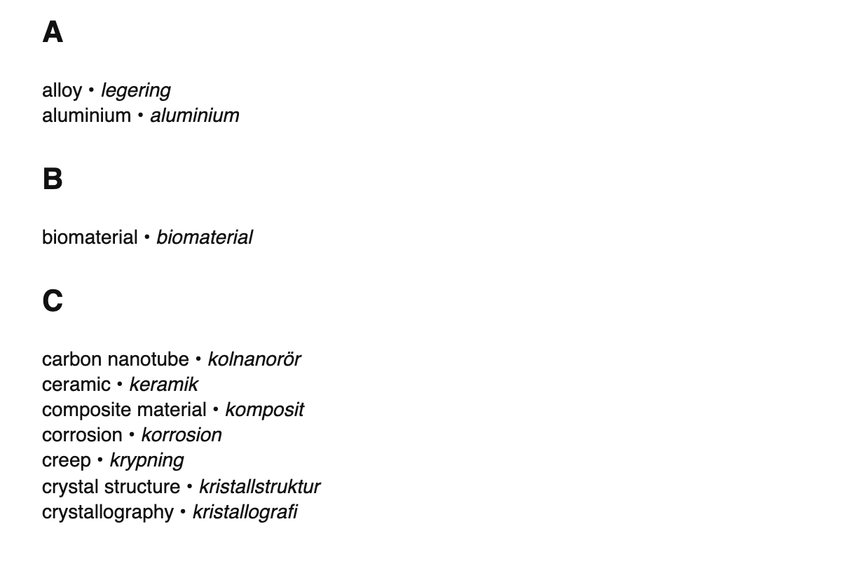 Materials science terms in Swedish