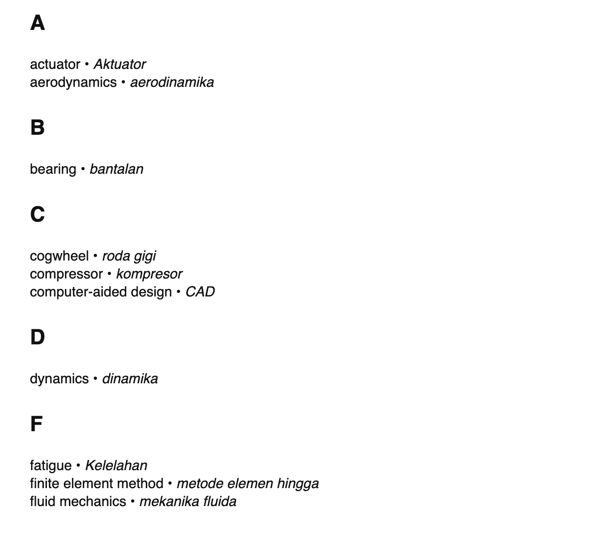 Mechanical engineering terms in Indonesian