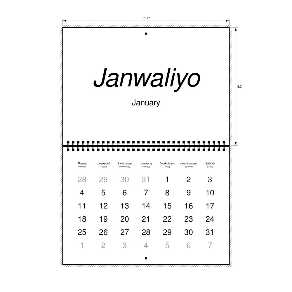 Leskoff 2027 Wall Calendar, Luganda/English-Labeled, Monday-Start Layout, Wire-Bound, 11.7 x 8.3 in (29.7 x 21.0 cm), image 2 of 2