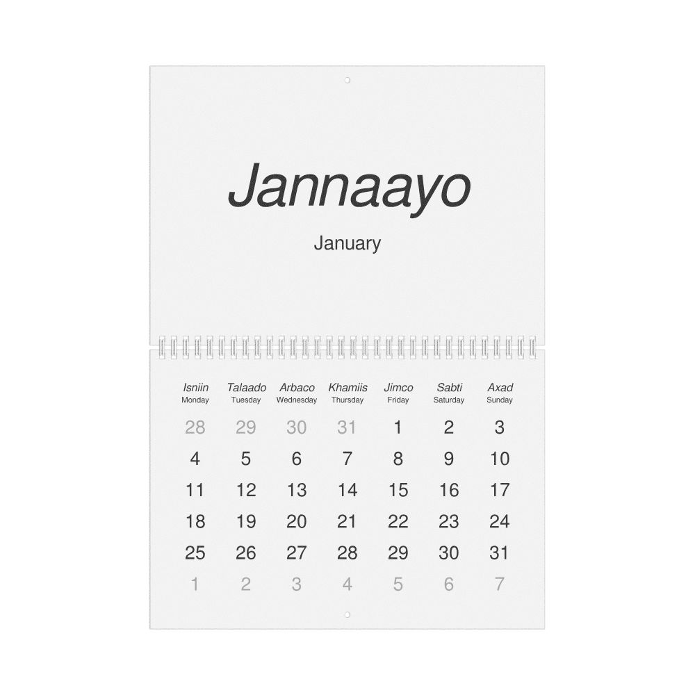 Leskoff 2027 Wall Calendar, Somali/English-Labeled, Monday-Start Layout, Wire-Bound, 11.7 x 8.3 in (29.7 x 21.0 cm), image 1 of 1