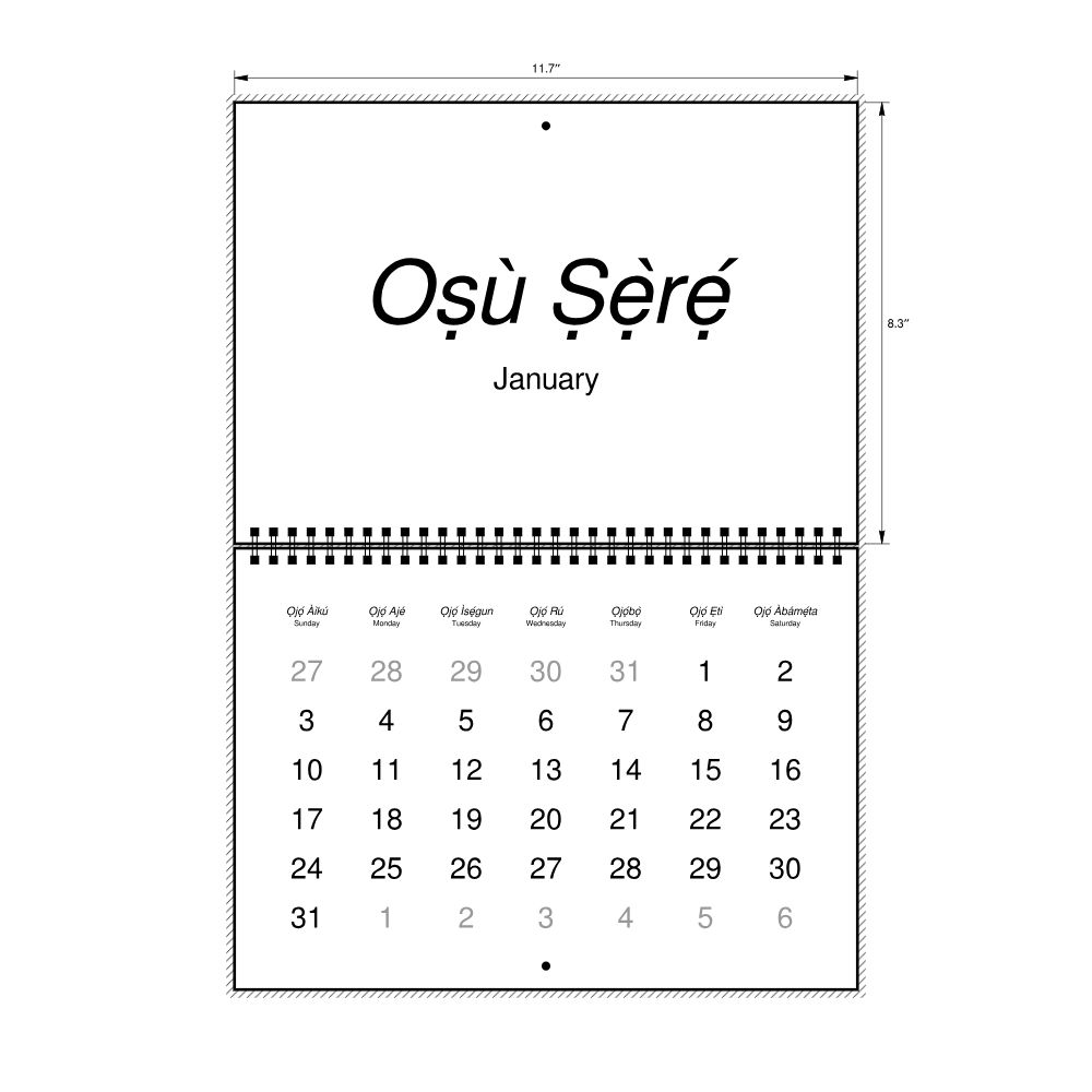 Leskoff 2027 Wall Calendar, Yoruba/English-Labeled, Sunday-Start Layout, Wire-Bound, 11.7 x 8.3 in (29.7 x 21.0 cm), image 2 of 2