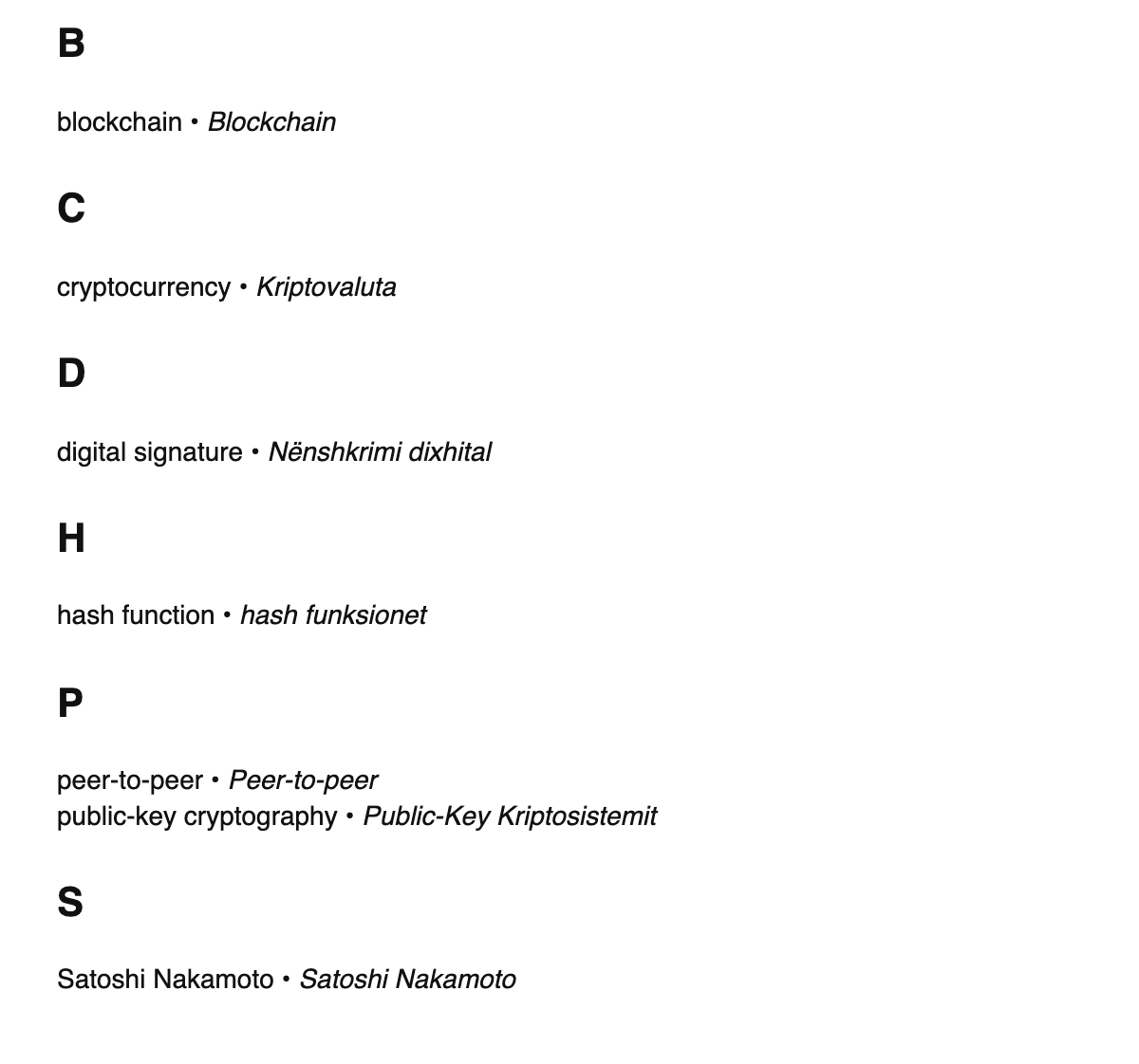 Blockchain terms in Albanian