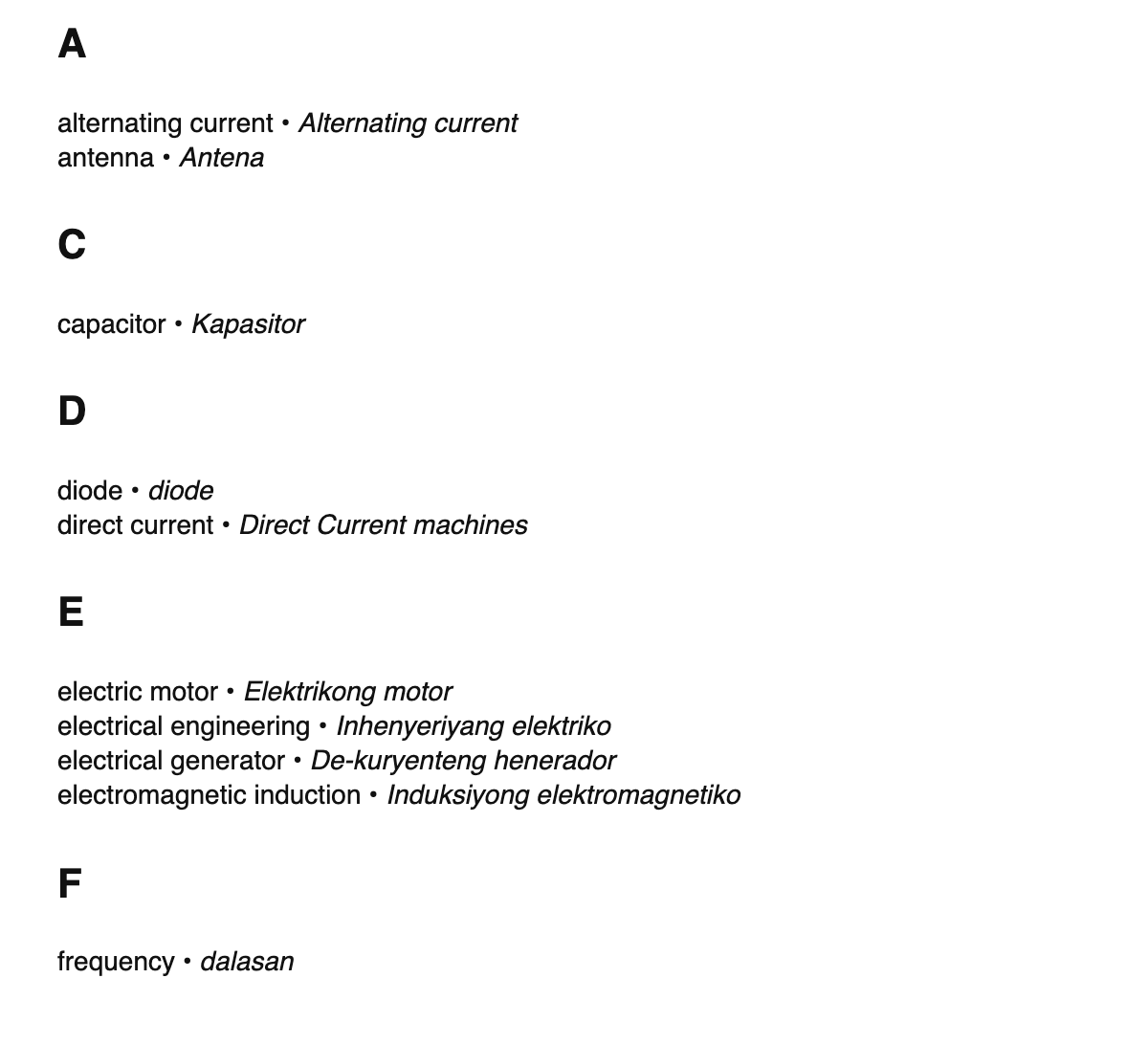 Electrical engineering terms in Tagalog