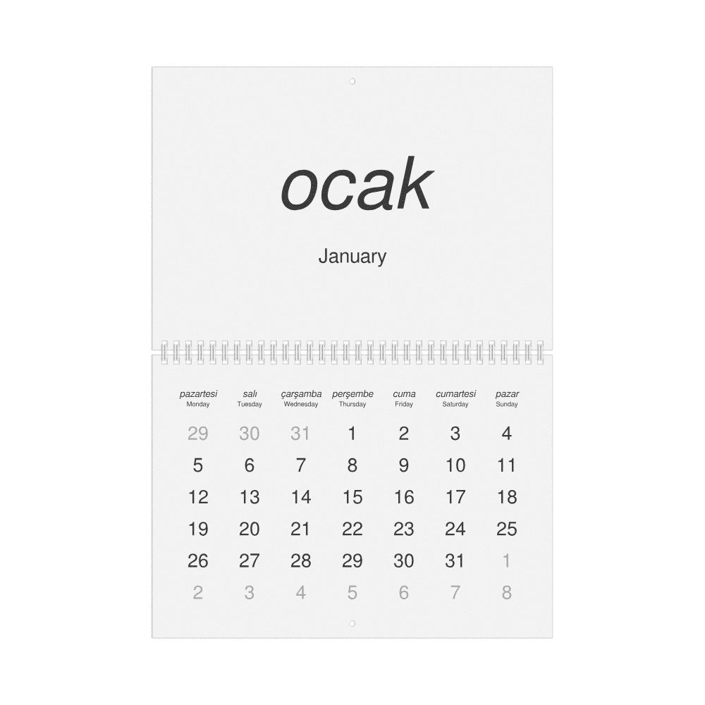 Leskoff 2026 Wall Calendar, Turkish/English-Labeled, Monday-Start Layout, Wire-Bound, 11.7 x 8.3 in (29.7 x 21.0 cm), image 1 of 1