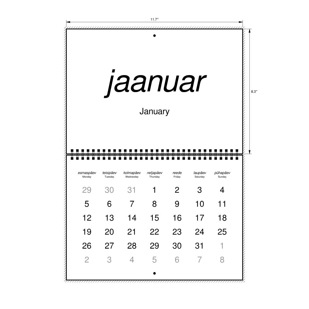 Leskoff 2026 Wall Calendar, Estonian/English-Labeled, Monday-Start Layout, Wire-Bound, 11.7 x 8.3 in (29.7 x 21.0 cm), image 2 of 2
