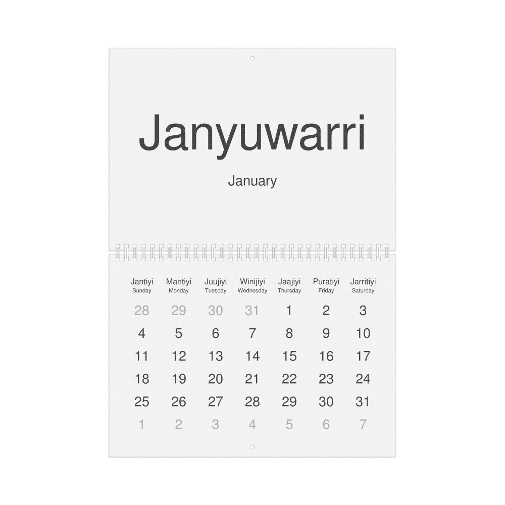 Leskoff 2026 Wall Calendar, Warlpiri/English-Labeled, Sunday-Start Layout, Wire-Bound, 11.7 x 8.3 in (29.7 x 21.0 cm), image 1 of 1