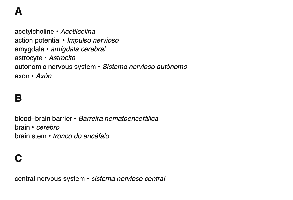 Neuroscience terms in Galician
