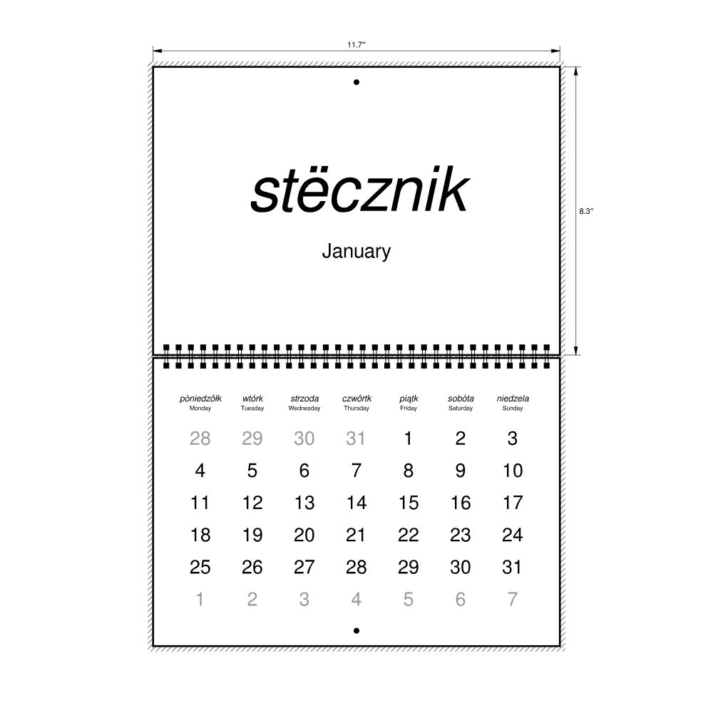 Leskoff 2027 Wall Calendar, Kashubian/English-Labeled, Monday-Start Layout, Wire-Bound, 11.7 x 8.3 in (29.7 x 21.0 cm), image 2 of 2