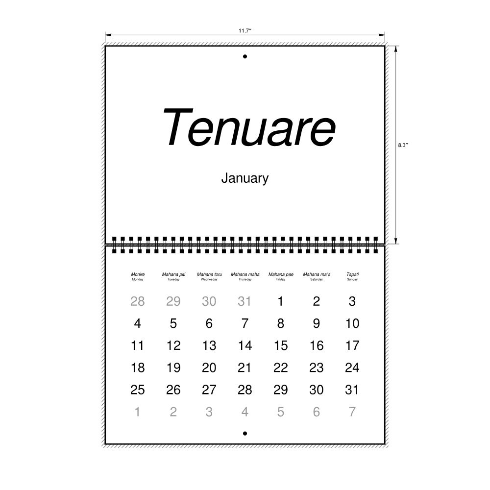 Leskoff 2027 Wall Calendar, Tahitian/English-Labeled, Monday-Start Layout, Wire-Bound, 11.7 x 8.3 in (29.7 x 21.0 cm), image 2 of 2