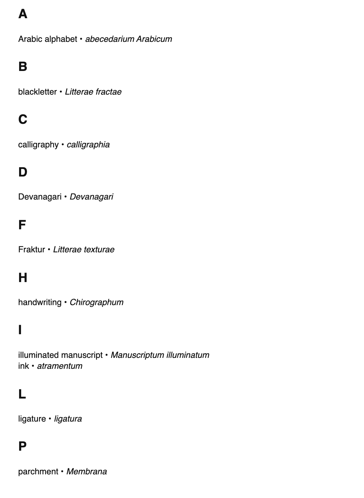 Calligraphy terms in Latin