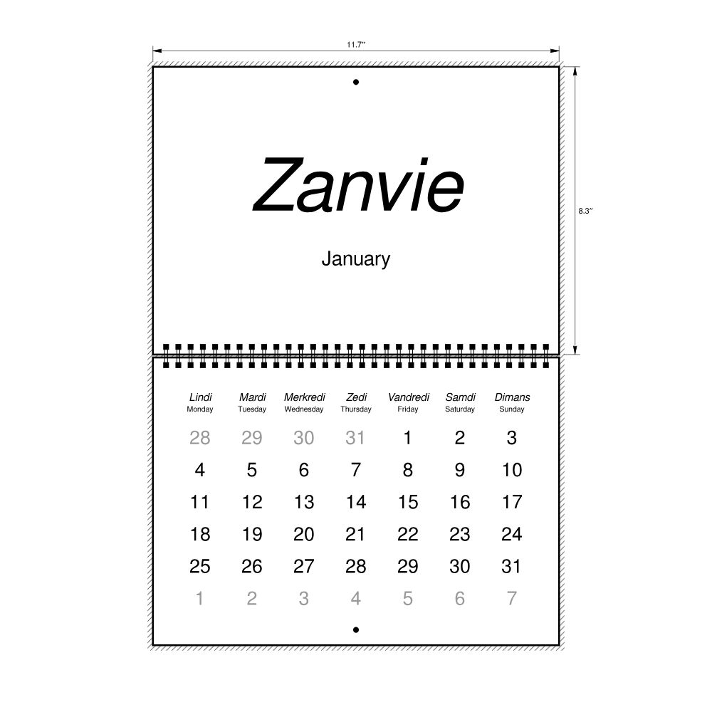 Leskoff 2027 Wall Calendar, Mauritian Creole/English-Labeled, Monday-Start Layout, Wire-Bound, 11.7 x 8.3 in (29.7 x 21.0 cm), image 2 of 2