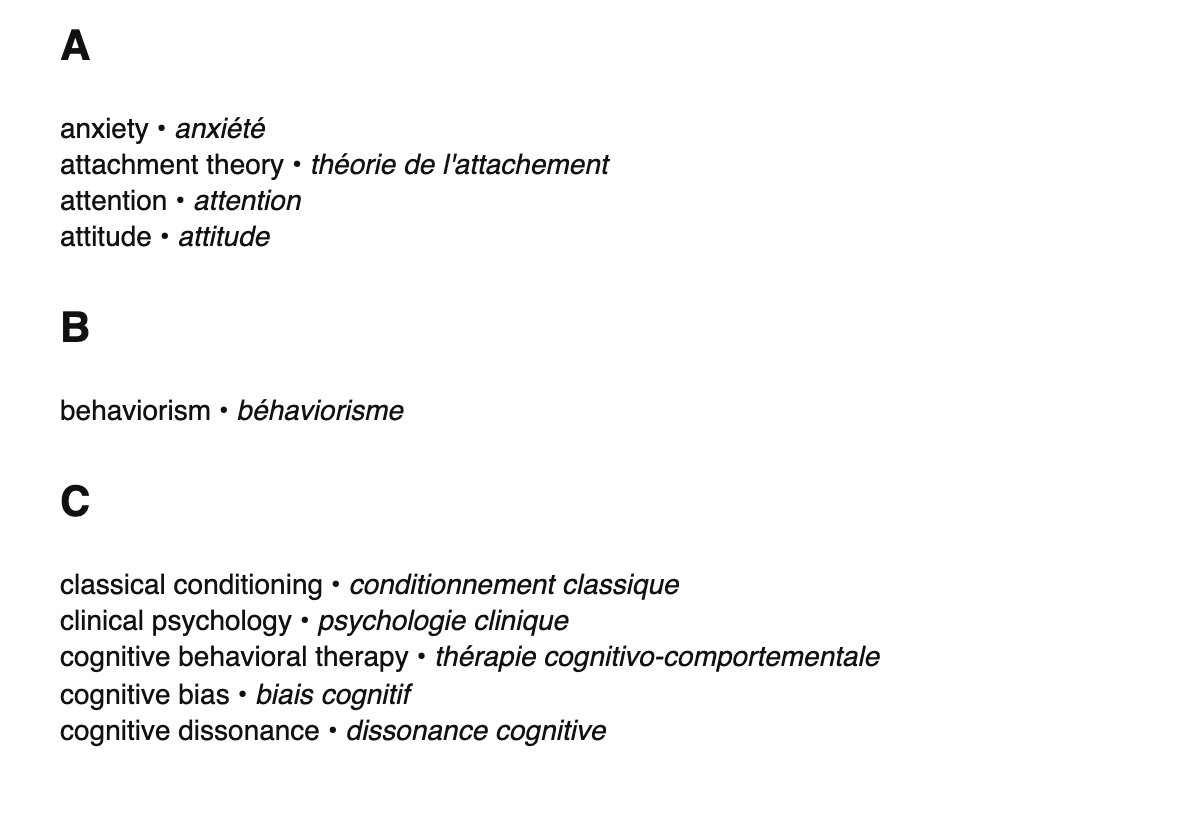 Psychology terms in French